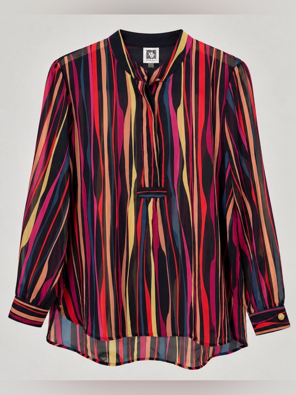 Anne Klein Multicolor Striped Sheer Blouse Tunic Gold Buttons Size L